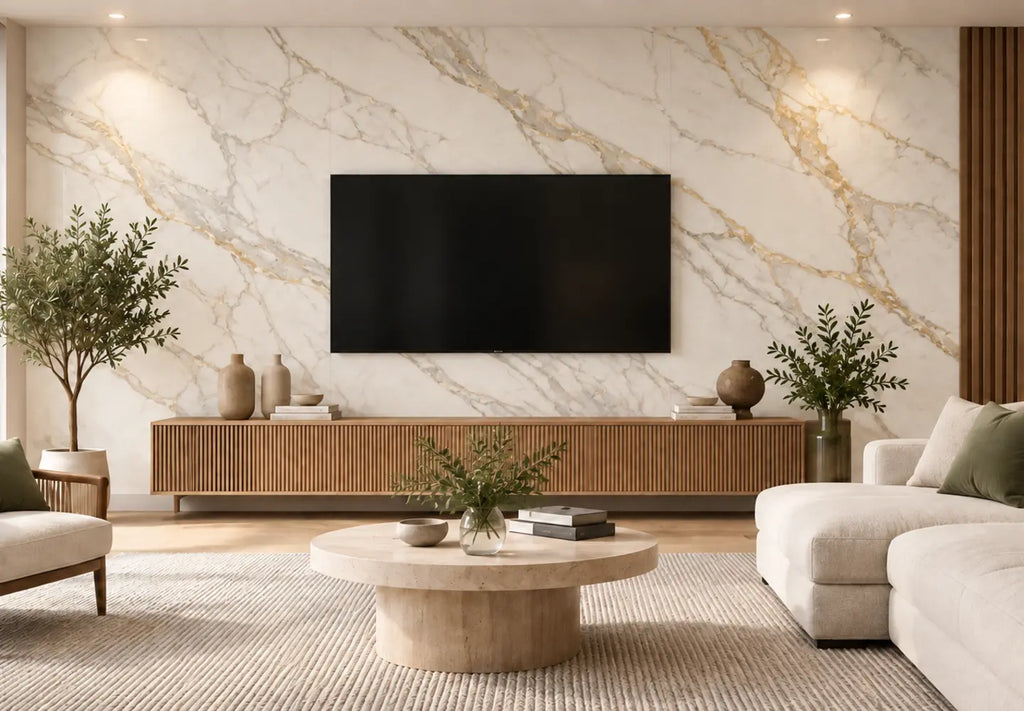 Marble Sheet — Beige Travertine fitted as a feature wall