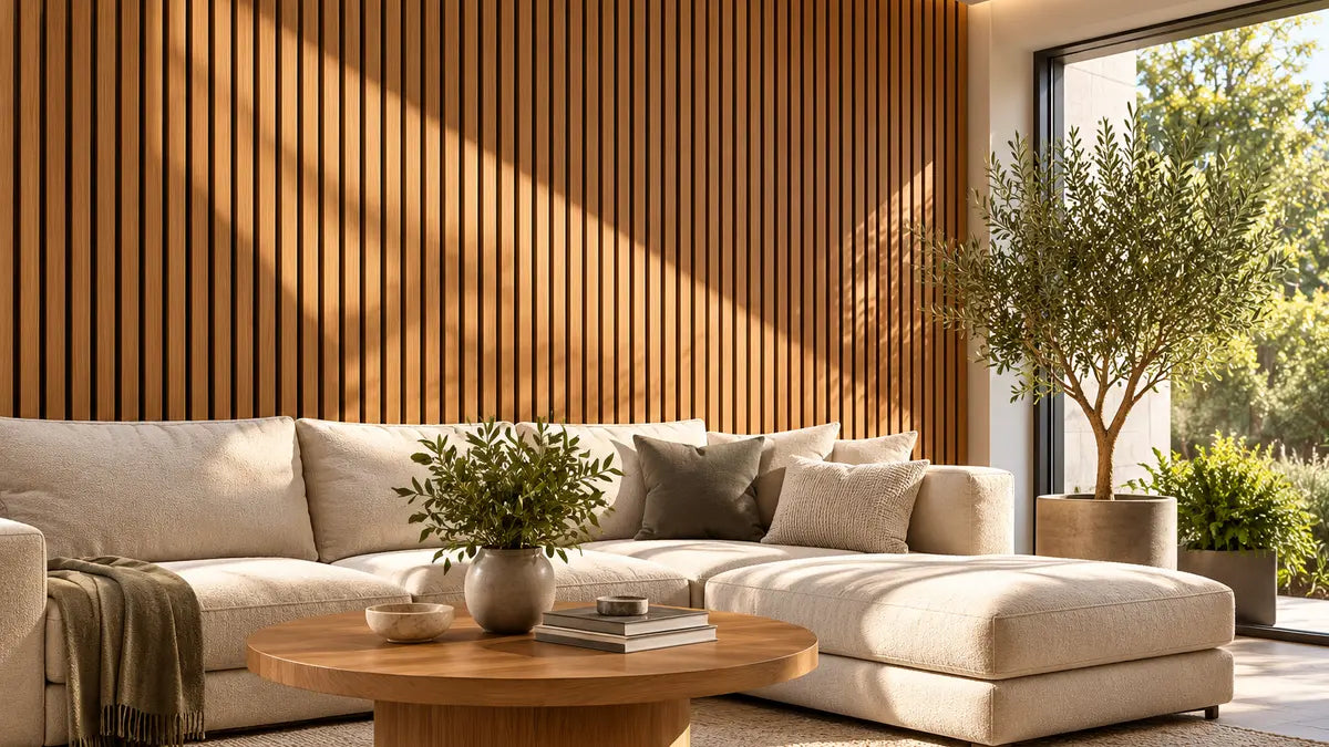 Slat Acoustic Panel — Teak in a completed project