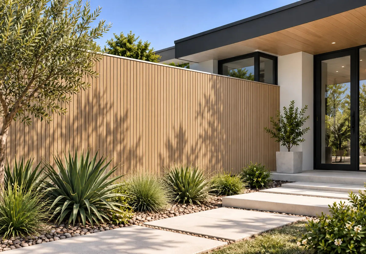 Outdoor WPC Panel — Teak fitted to an exterior façade