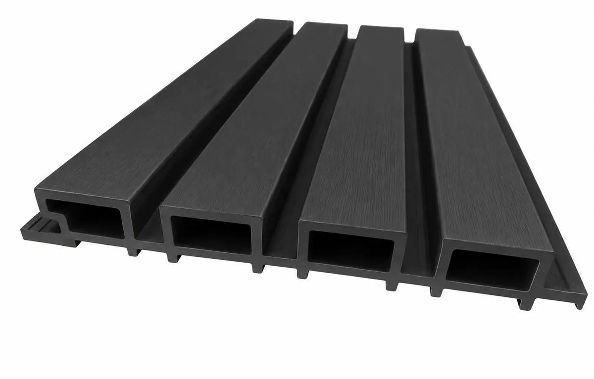 Black WPC panel profile showing four slats and 26 mm depth