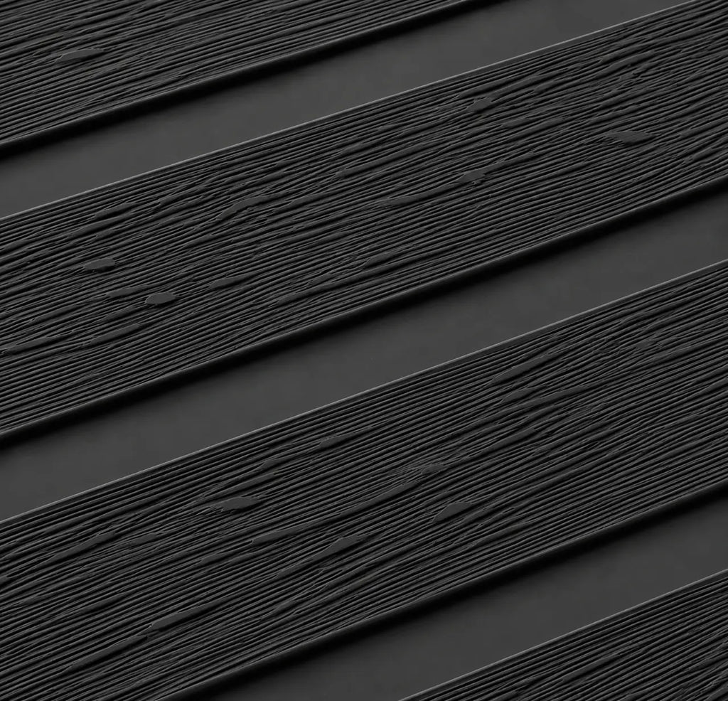 Close-up of the Black WPC panel timber-look texture