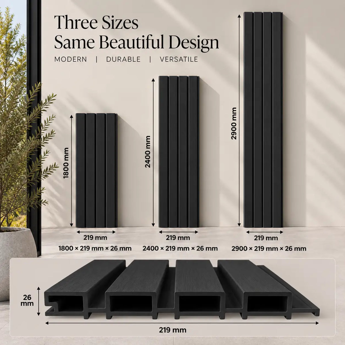 Black WPC panel shown in 1800, 2400 and 2900 mm lengths