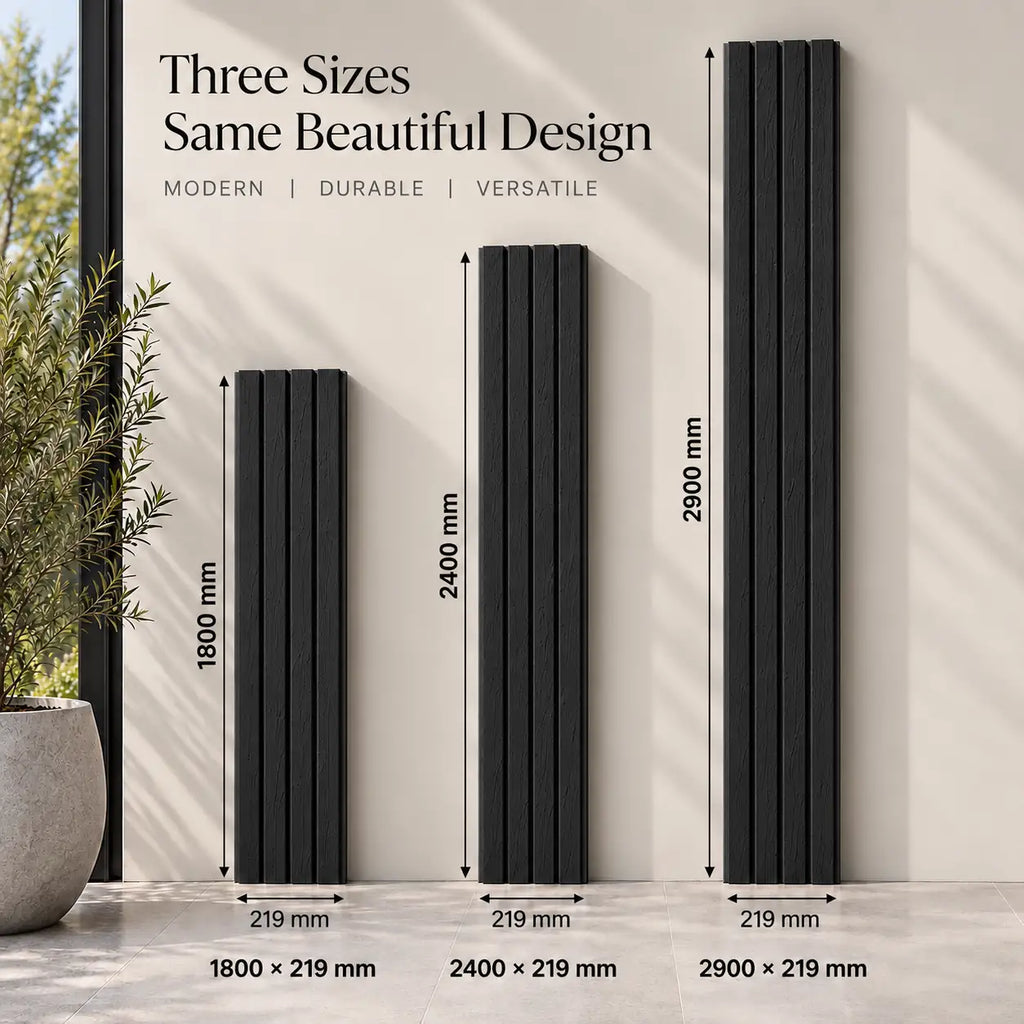 Black WPC panel dimensions — 219 mm wide, 26 mm deep