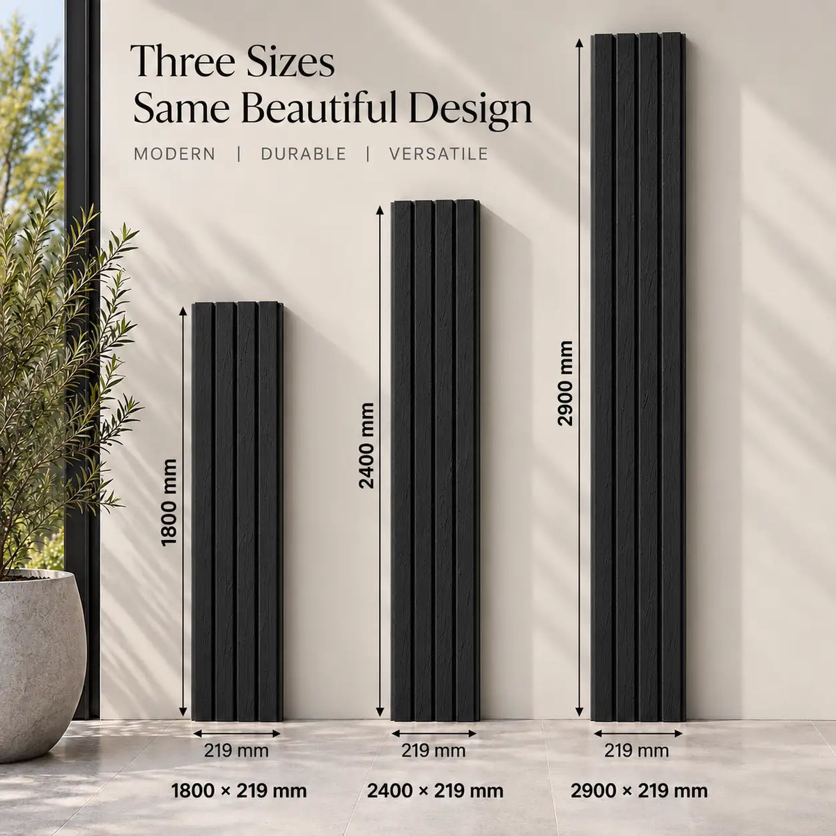 Black WPC panel dimensions — 219 mm wide, 26 mm deep