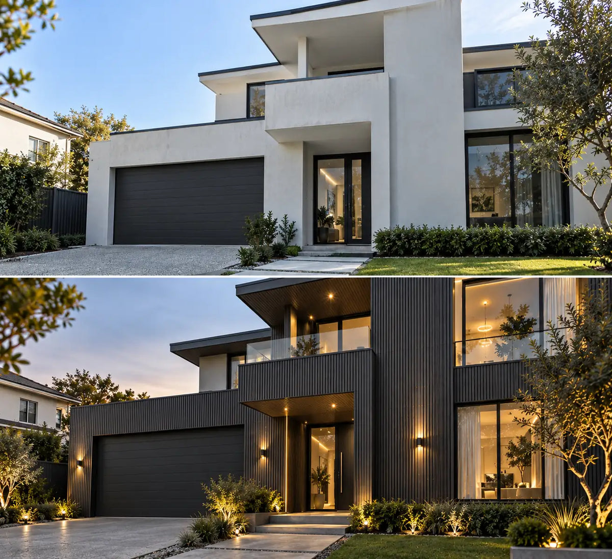 Before and after — outdoor wall clad in Black WPC panels
