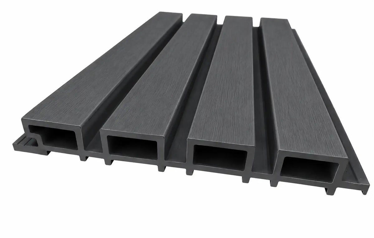Charcoal WPC panel profile showing four slats and 26 mm depth