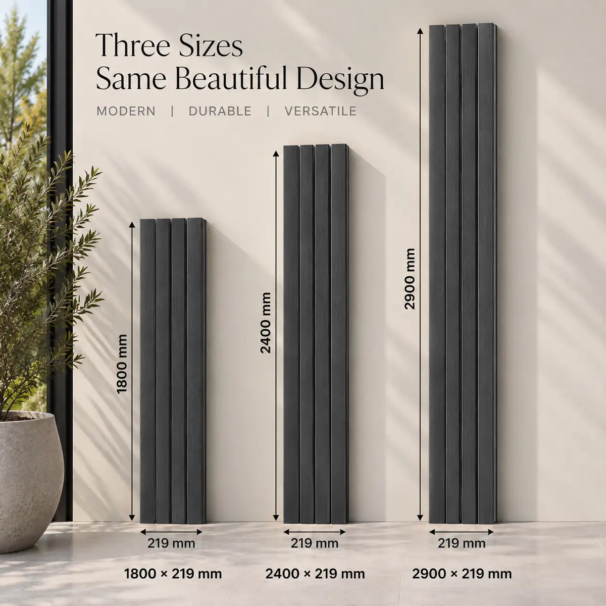 Charcoal WPC panel shown in 1800, 2400 and 2900 mm lengths