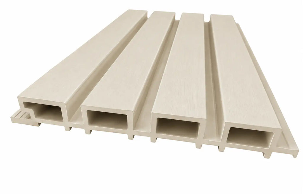 Cream WPC panel profile showing four slats and 26 mm depth