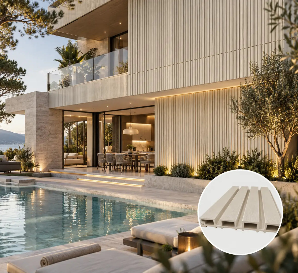 Cream WPC cladding installed on an outdoor wall