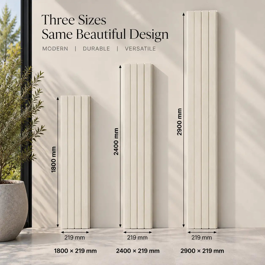 Cream WPC panel shown in 1800, 2400 and 2900 mm lengths