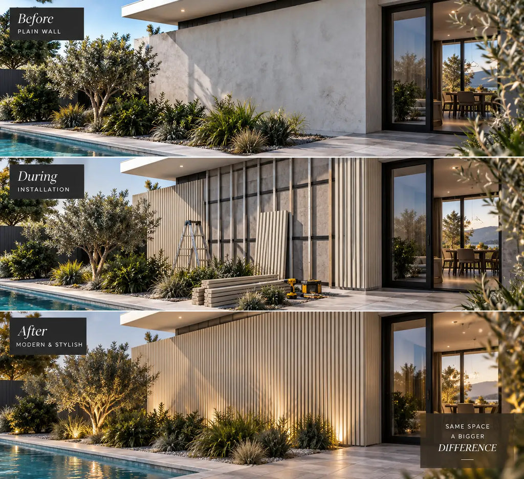 Before and after — outdoor wall clad in Cream WPC panels