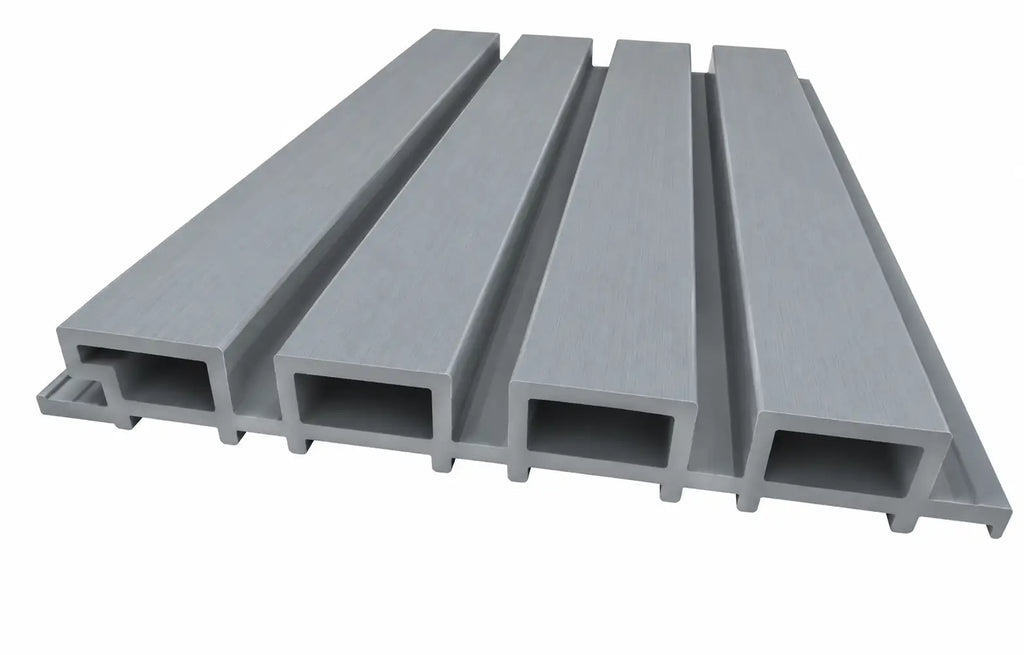 Light Grey WPC panel profile showing four slats and 26 mm depth