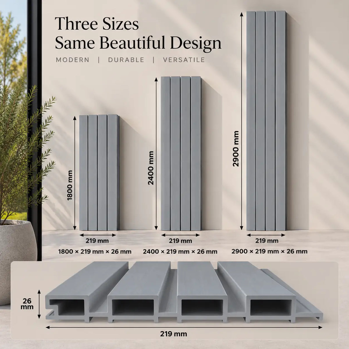 Light Grey WPC panel shown in 1800, 2400 and 2900 mm lengths