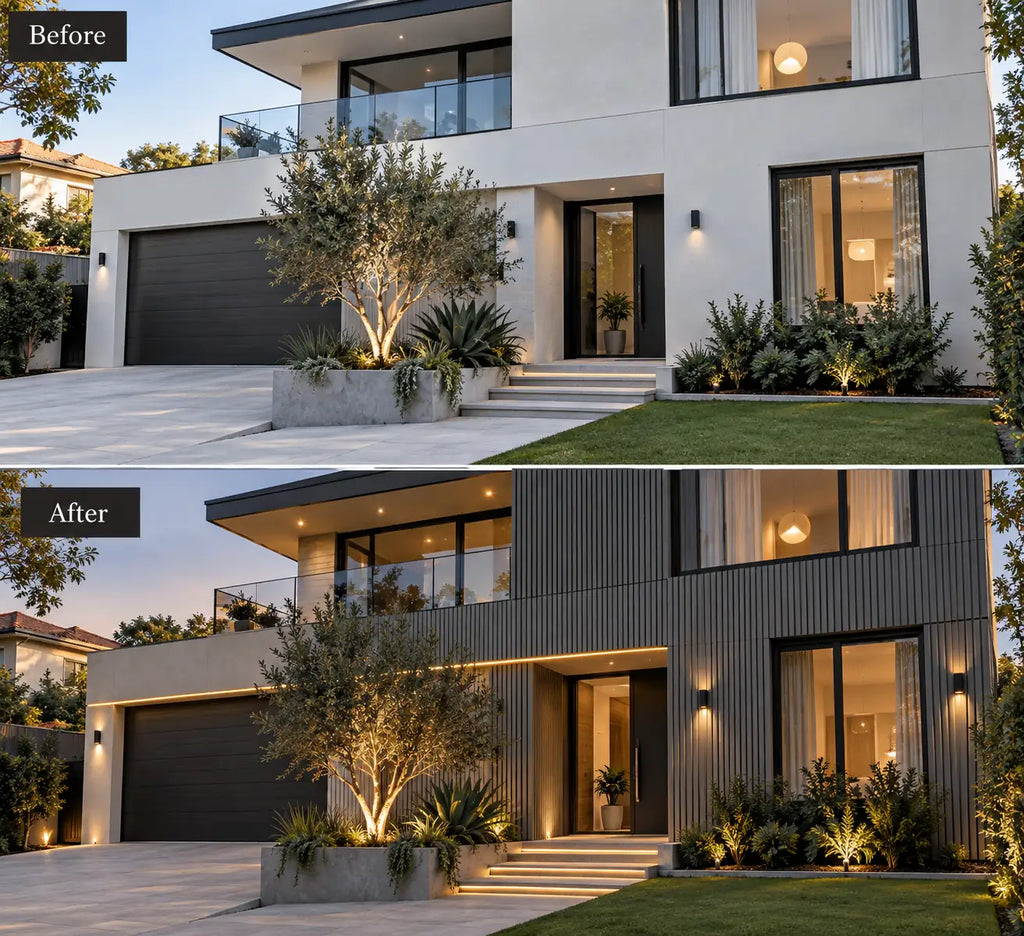 Before and after — outdoor wall clad in Light Grey WPC panels
