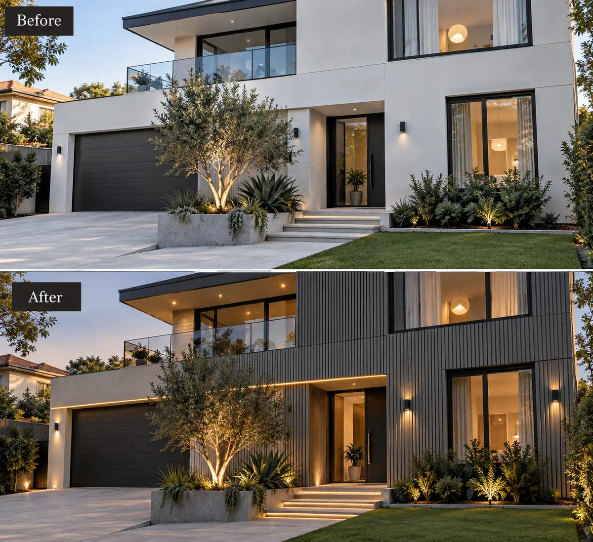 Before and after — outdoor wall clad in Light Grey WPC panels