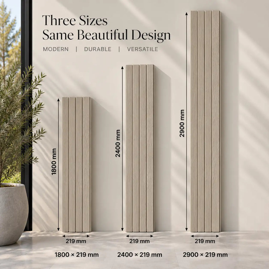 Maple WPC panel shown in 1800, 2400 and 2900 mm lengths