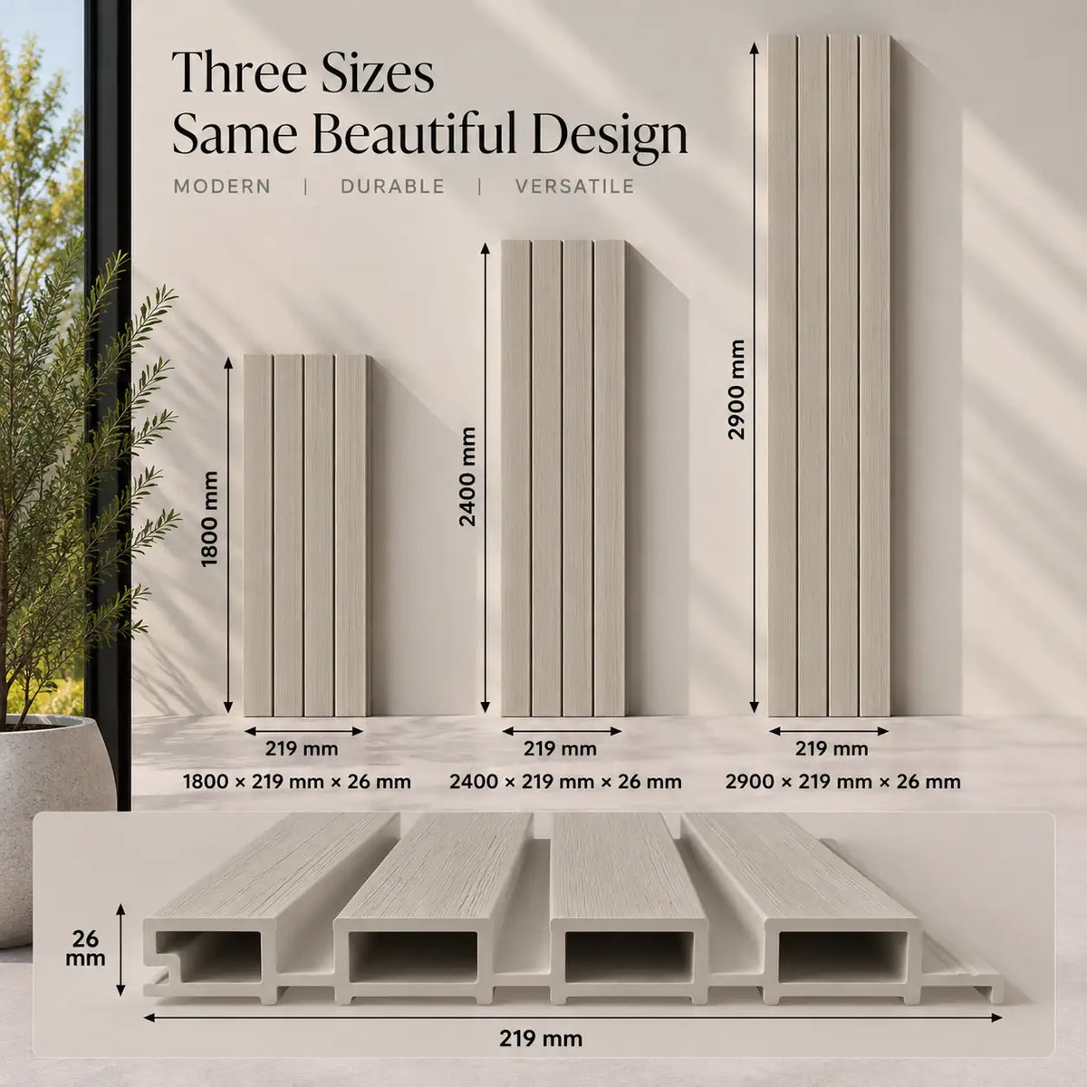 Maple WPC panel dimensions — 219 mm wide, 26 mm deep