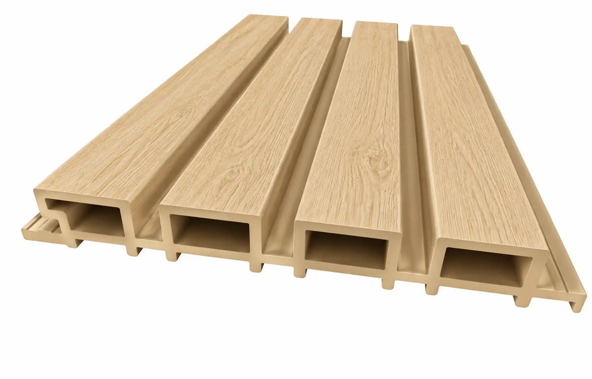 Oak WPC panel profile showing four slats and 26 mm depth