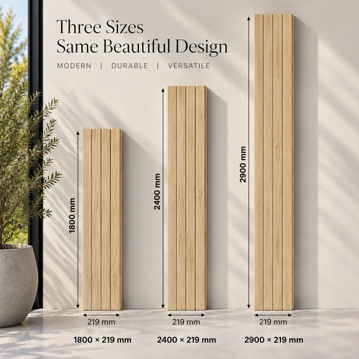 Oak WPC panel shown in 1800, 2400 and 2900 mm lengths