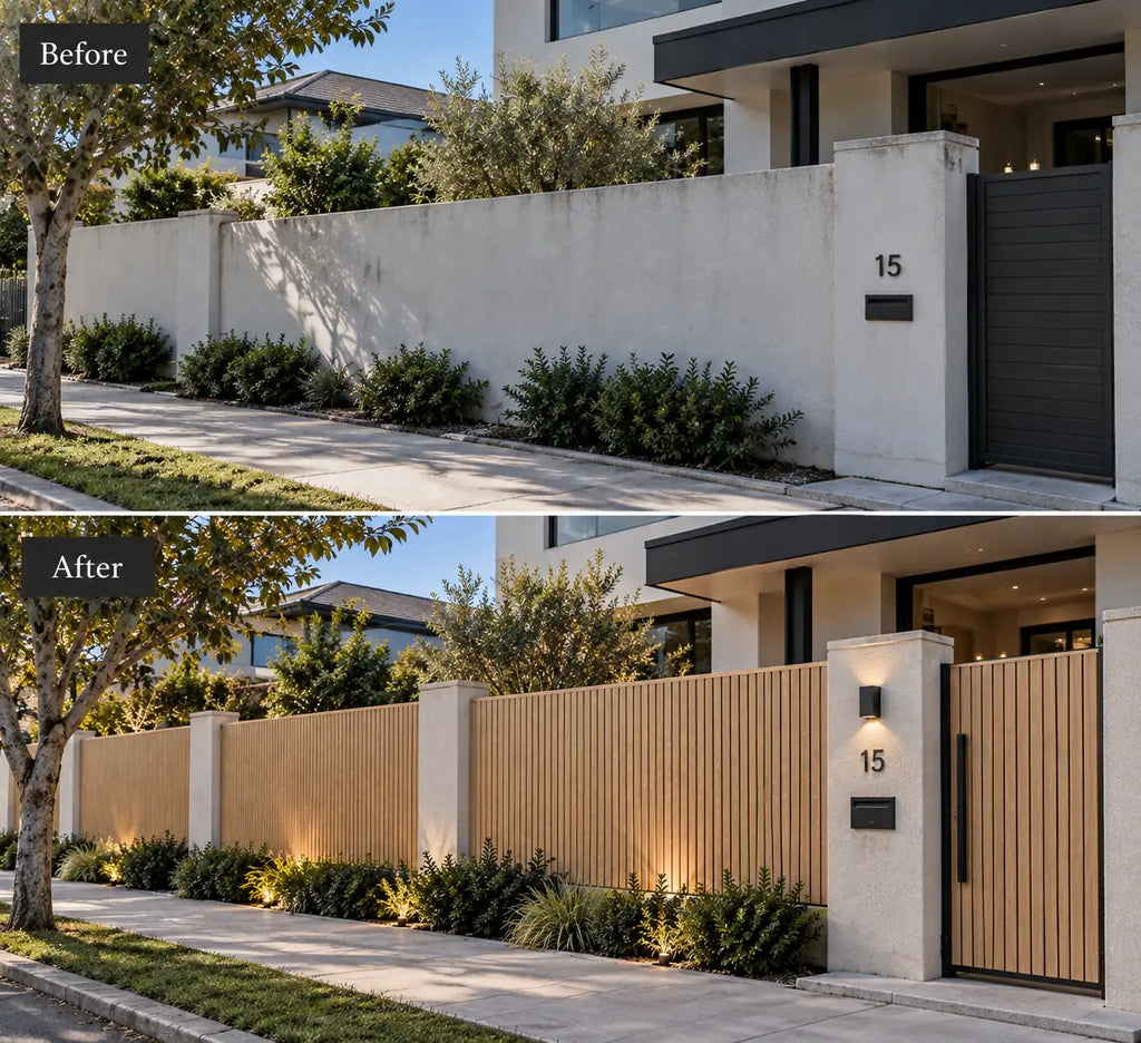 Before and after — outdoor wall clad in Oak WPC panels
