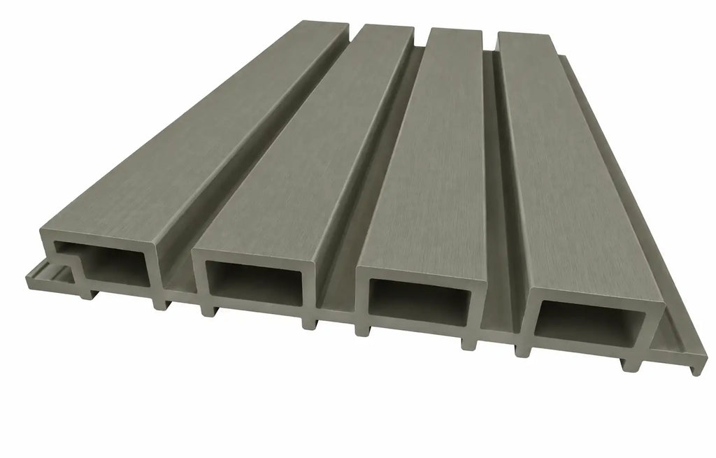 Olive Grey WPC panel profile showing four slats and 26 mm depth