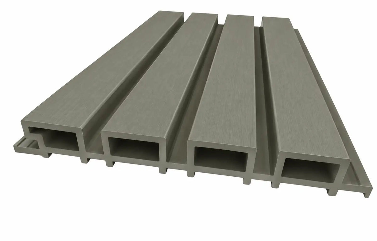Olive Grey WPC panel profile showing four slats and 26 mm depth