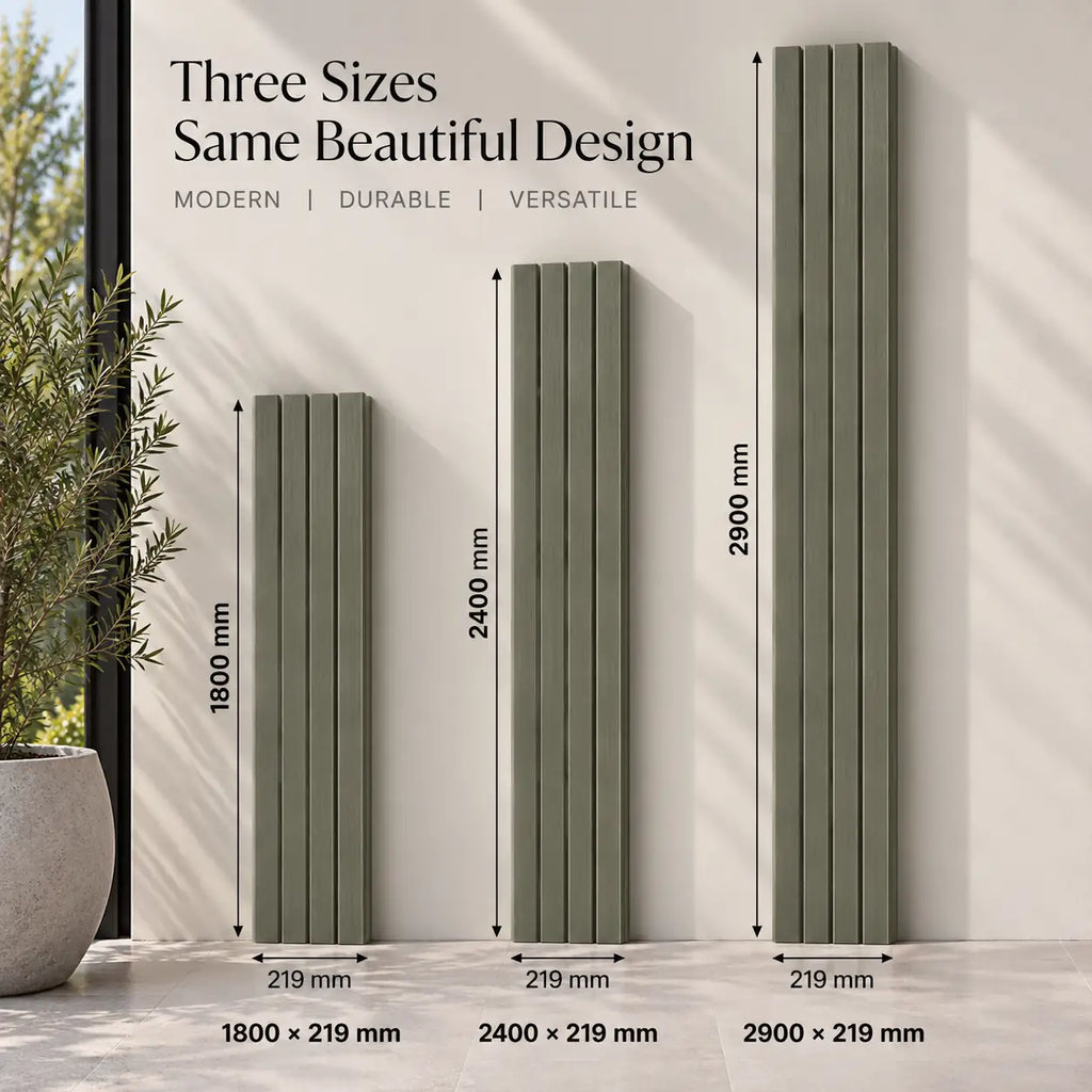 Olive Grey WPC panel shown in 1800, 2400 and 2900 mm lengths