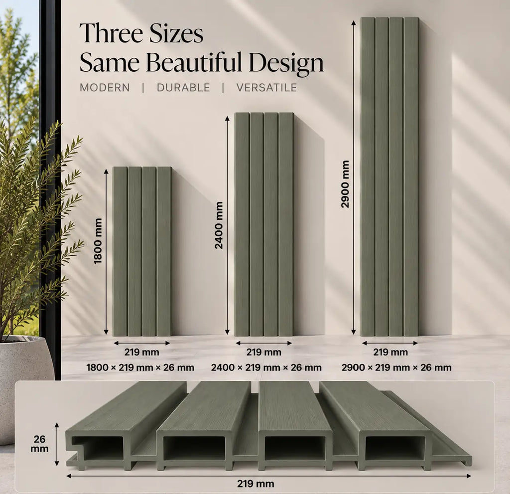 Olive Grey WPC panel dimensions — 219 mm wide, 26 mm deep