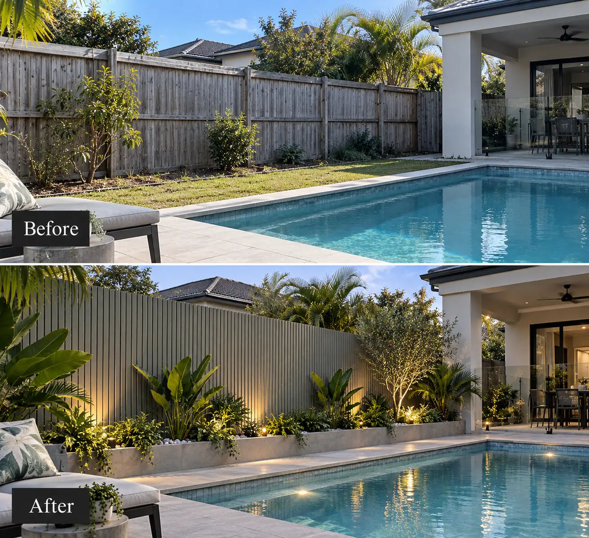 Before and after — outdoor wall clad in Olive Grey WPC panels
