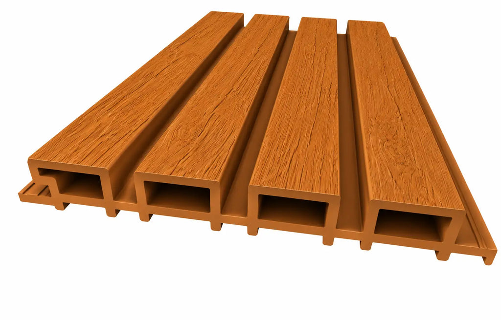 Teak WPC panel profile showing four slats and 26 mm depth
