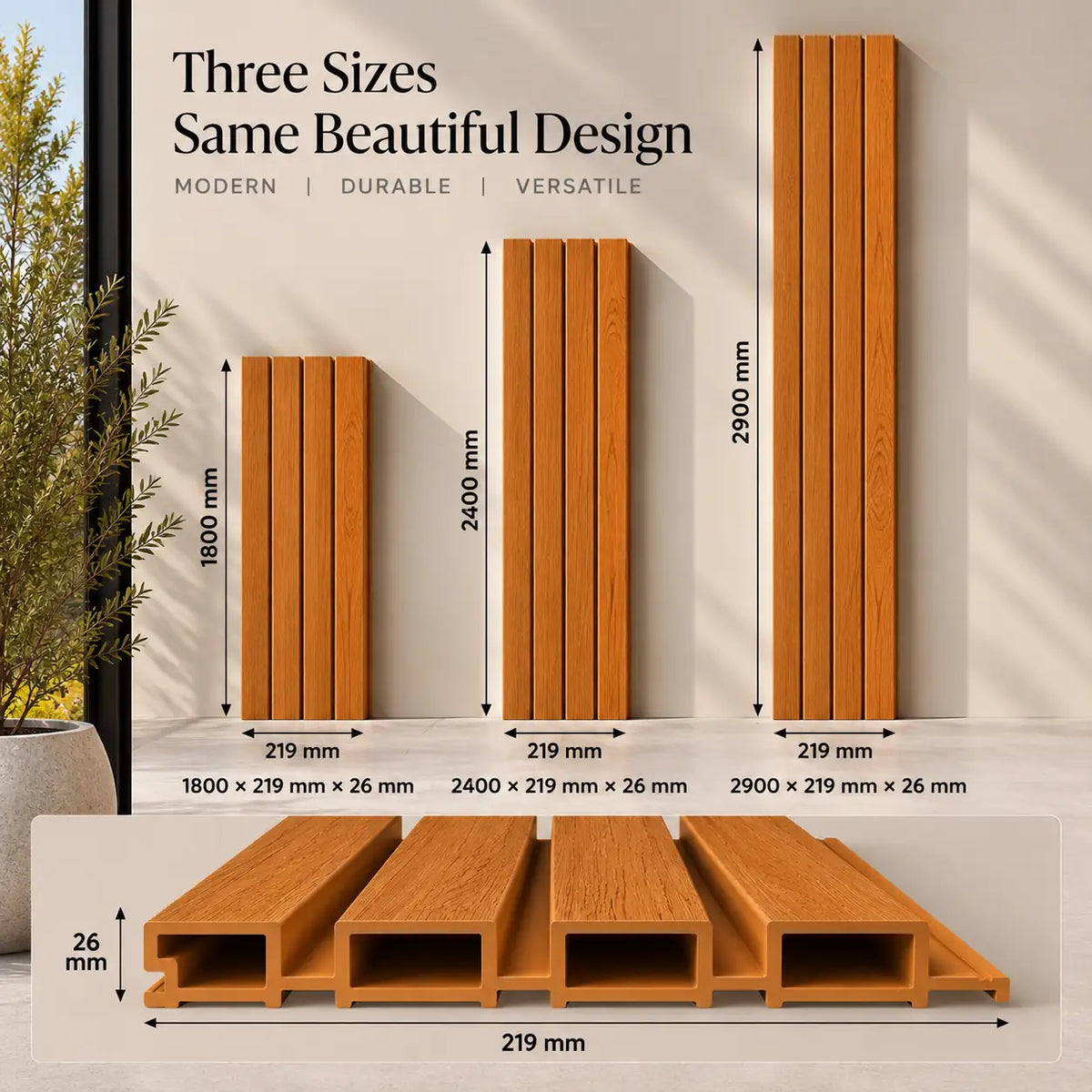 Teak WPC panel shown in 1800, 2400 and 2900 mm lengths