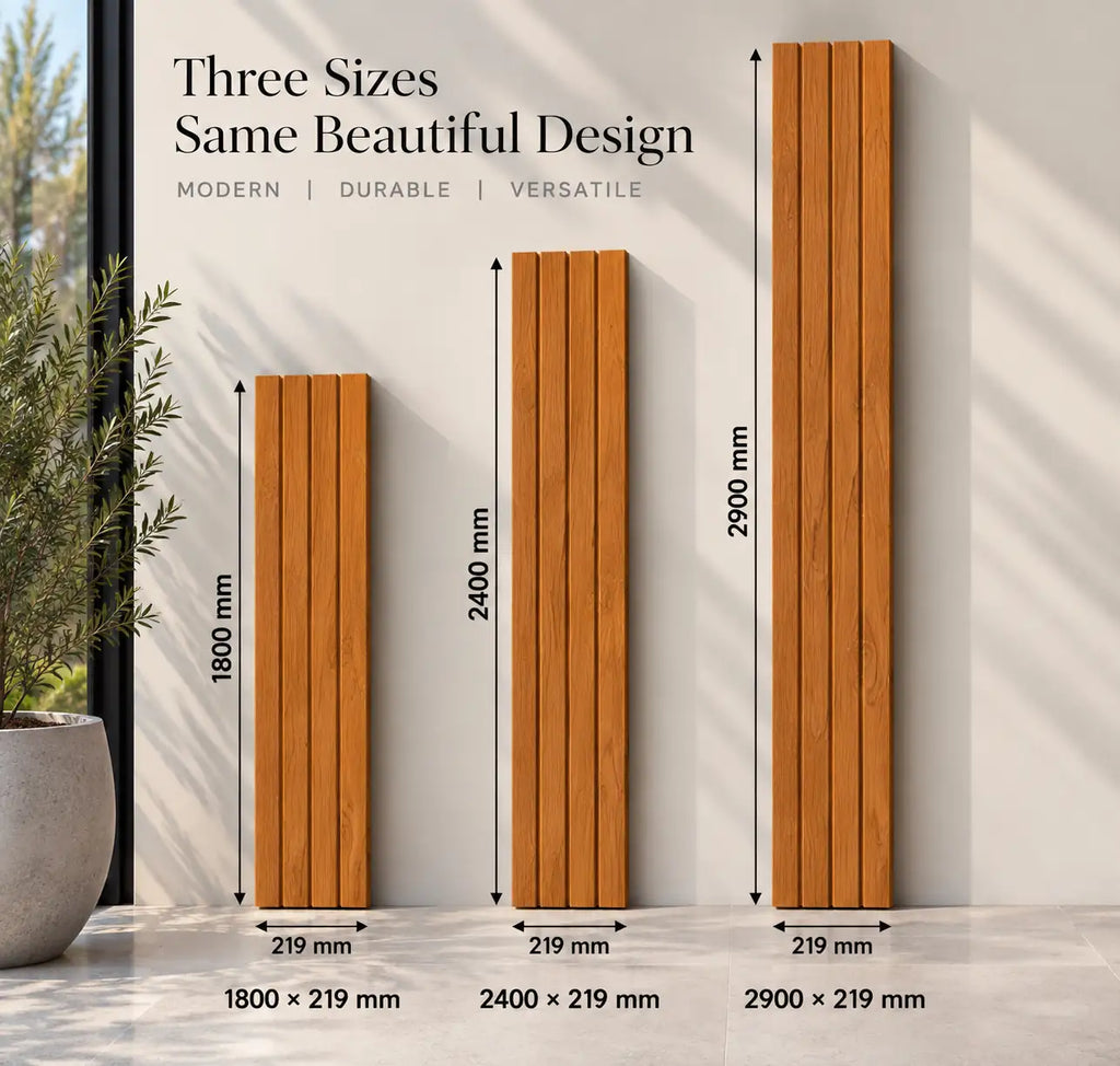 Teak WPC panel dimensions — 219 mm wide, 26 mm deep