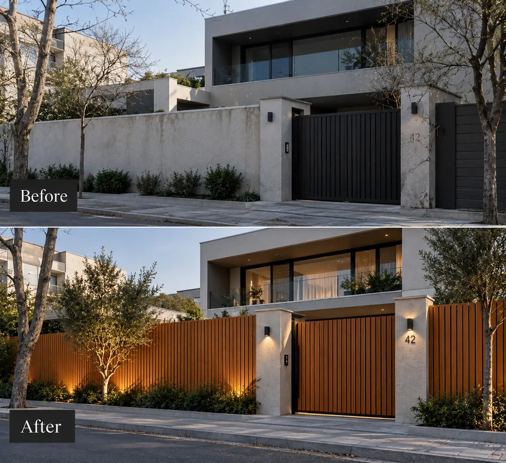 Before and after — outdoor wall clad in Teak WPC panels