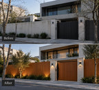 Before and after — outdoor wall clad in Teak WPC panels