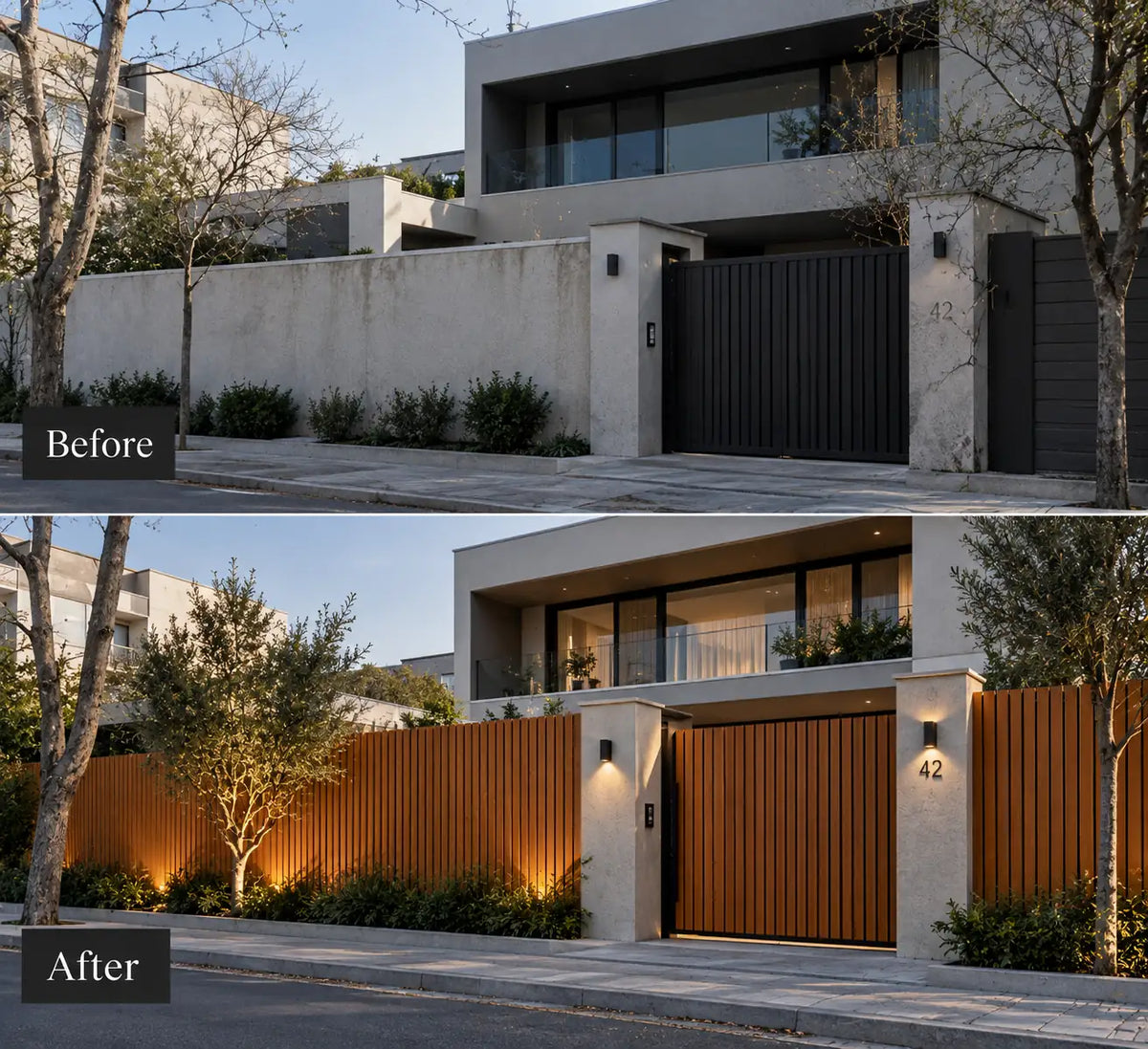 Before and after — outdoor wall clad in Teak WPC panels