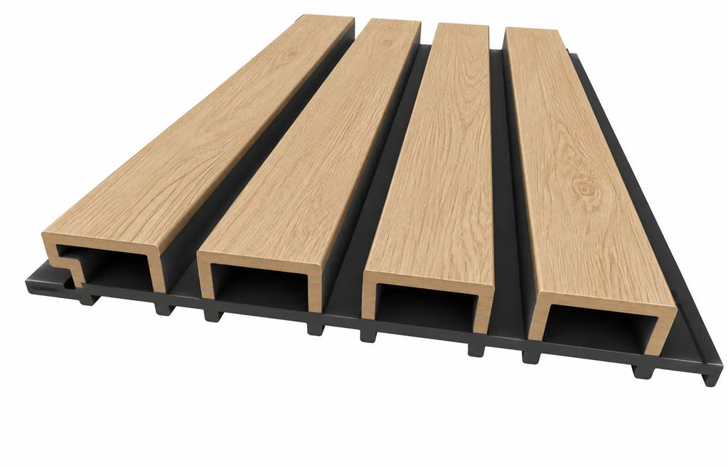 Teak-Dark WPC panel profile showing four slats and 26 mm depth