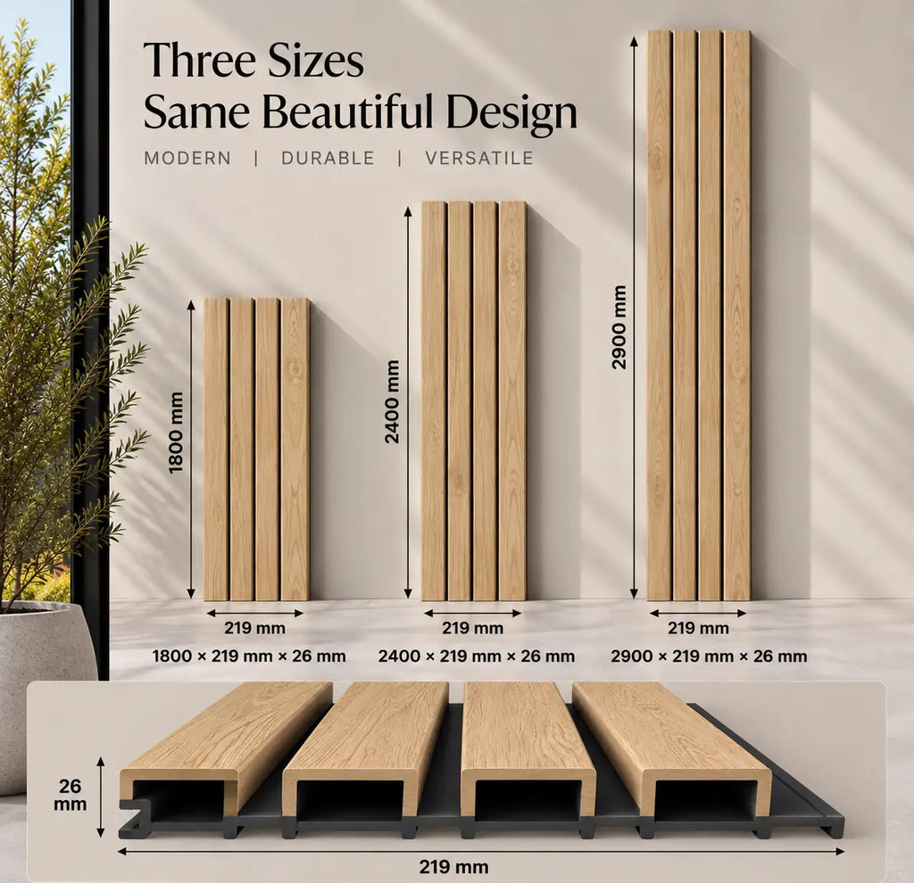 Teak-Dark WPC panel shown in 1800, 2400 and 2900 mm lengths