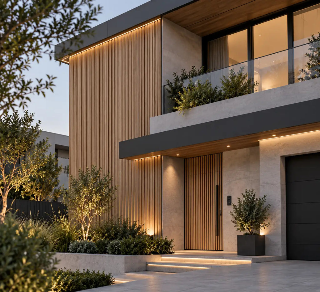 Before and after — outdoor wall clad in Teak-Dark WPC panels