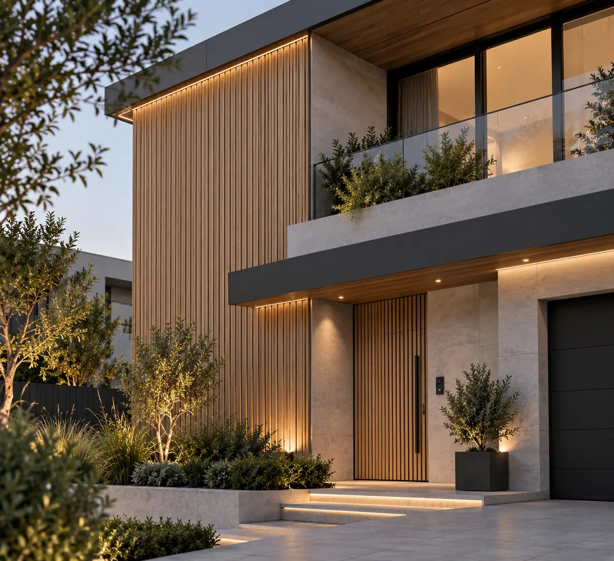 Before and after — outdoor wall clad in Teak-Dark WPC panels