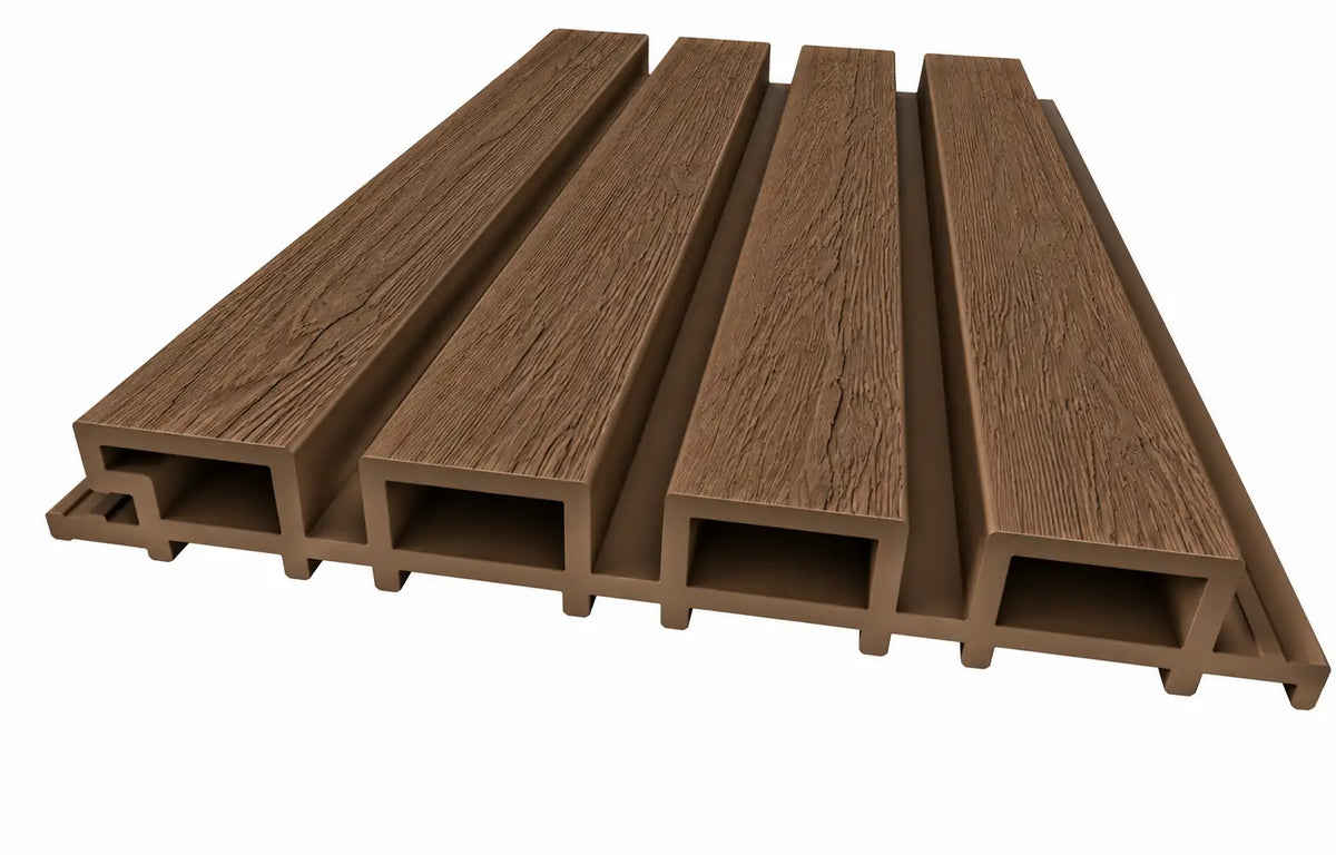 Walnut WPC panel profile showing four slats and 26 mm depth