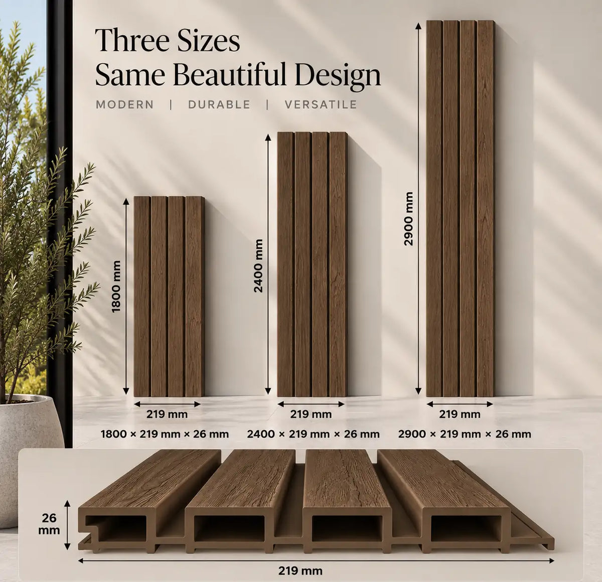 Walnut WPC panel shown in 1800, 2400 and 2900 mm lengths