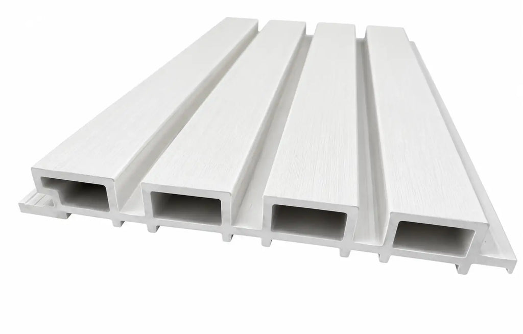 White WPC panel profile showing four slats and 26 mm depth