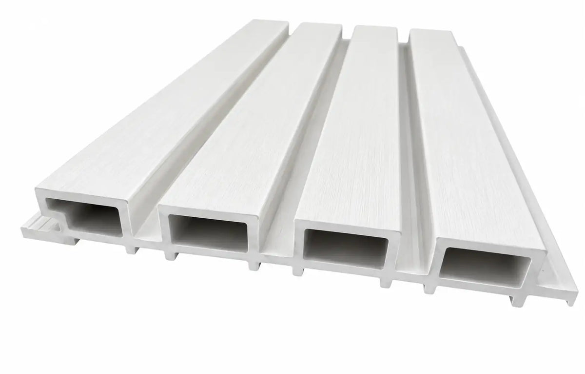 White WPC panel profile showing four slats and 26 mm depth