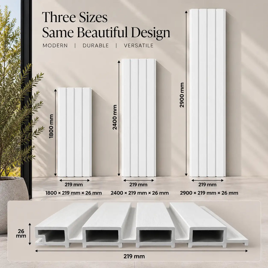 White WPC panel dimensions — 219 mm wide, 26 mm deep