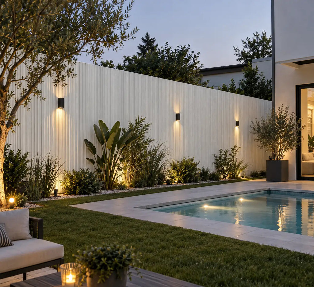 White WPC cladding in a landscaped outdoor space
