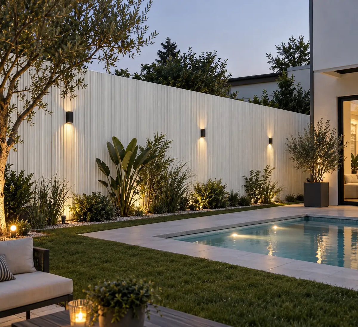 White WPC cladding in a landscaped outdoor space