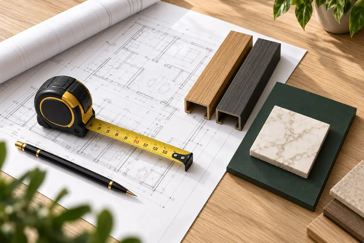 Project plans, tape measure and Berara panel samples