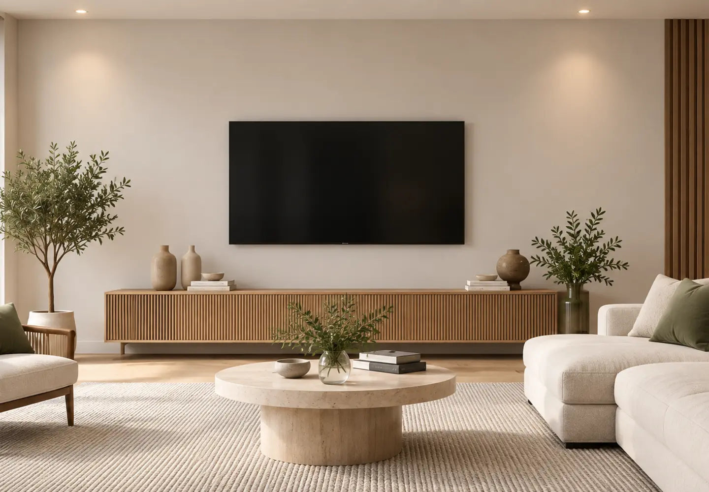 Living room with a plain feature wall before marble installation